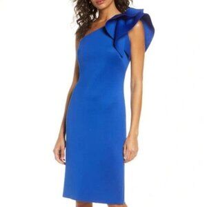 Eliza J Cobalt Blue One-Shoulder Cocktail Evening Dress Knee Length size 14